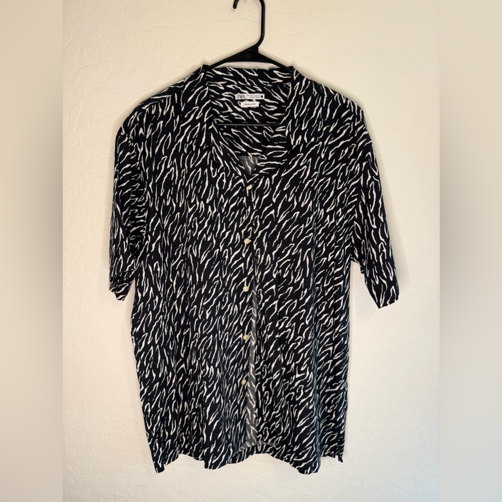 Zara Man Black & White Zebra Print Short Sleeve Collard XL 44 - Great Condition